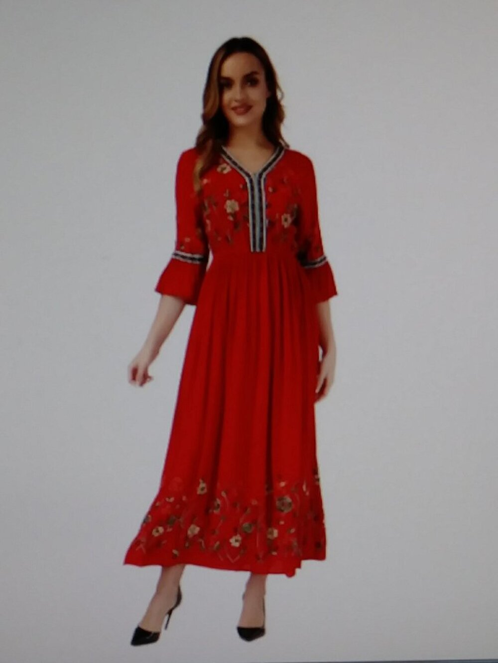 Red Embroidered V-Neck Maxi Dress Size M